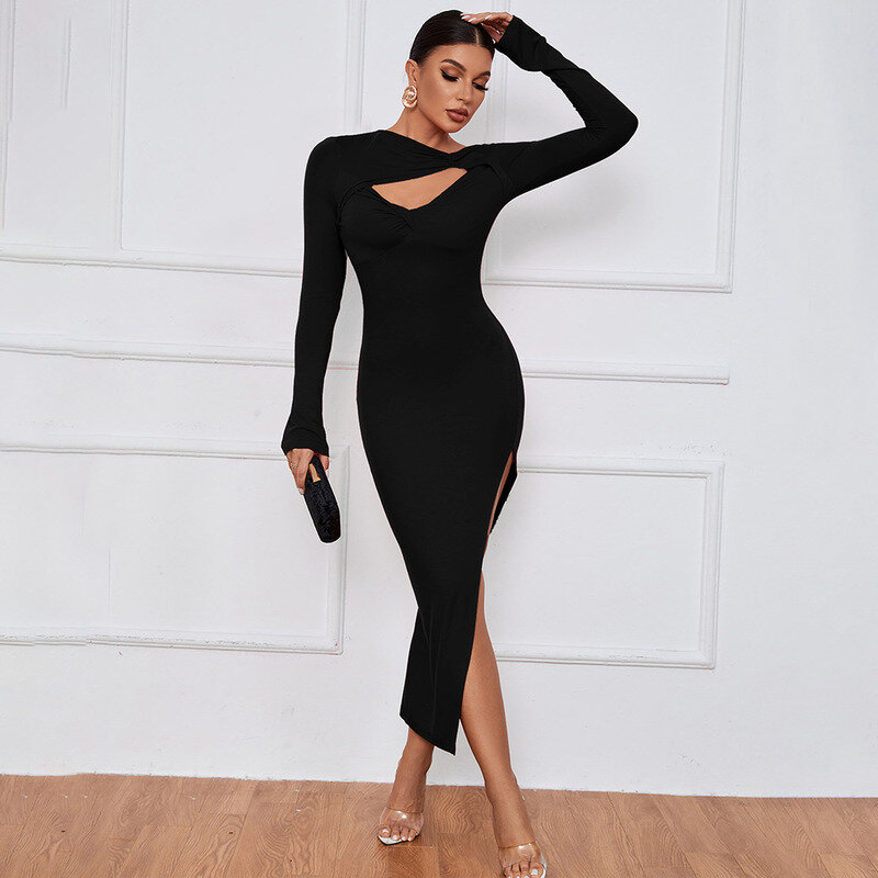 European and American Women's Long Skirt Slim Fit Buttocks Wrapped Tight Fitting Skirt Sexy Hollow Out Split Long Sleeved Dress