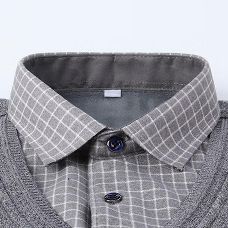 Męski sweter z polaru ciepła imitacja dwuczęściowej klapy kontrastowy kolor w kratę drukowana ciepła bluza Plus Size męska wiosna jesień sweter