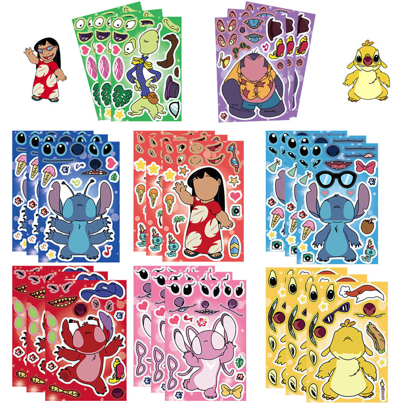 디즈니 스티치 만화 퍼즐 스티커, 애니메이션 귀여운 어린이 얼굴 만들기 DIY 장난감, 재미있는 조립 직소, 어린이 소년 소녀, 8 장