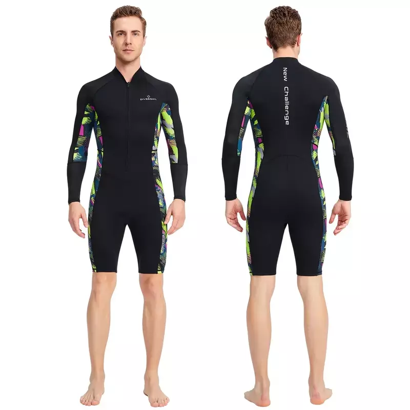 Traje de neopreno corto para hombre, traje de buceo de 1,5mm, resistente a los rayos UV, con cremallera frontal, de Lycra, de manga larga, para esnórquel, natación y surf