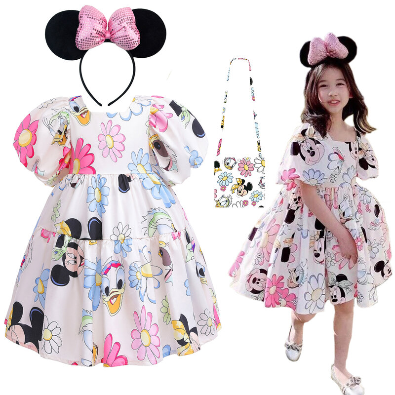 Disney Mickey Girl Dress Kids Toddler Mickey Minnie Mouse Daisy Cartoon Puff Sleeve Clothes Backless Cute Dresses