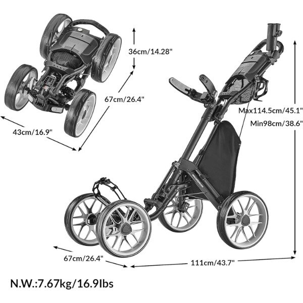CaddyTek 4 Wheel Golf Push Cart - Caddycruiser One Version 8 1-Click Folding Trolley - Lightweight, Compact Pull Caddy Cart