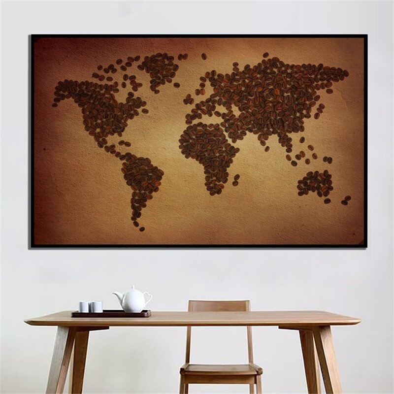 150x225cm Non-woven DIY World Map Plate Pattern Made of Coffee Beans Home Wall Decorative Poster Map for Home Hotel Office Decor