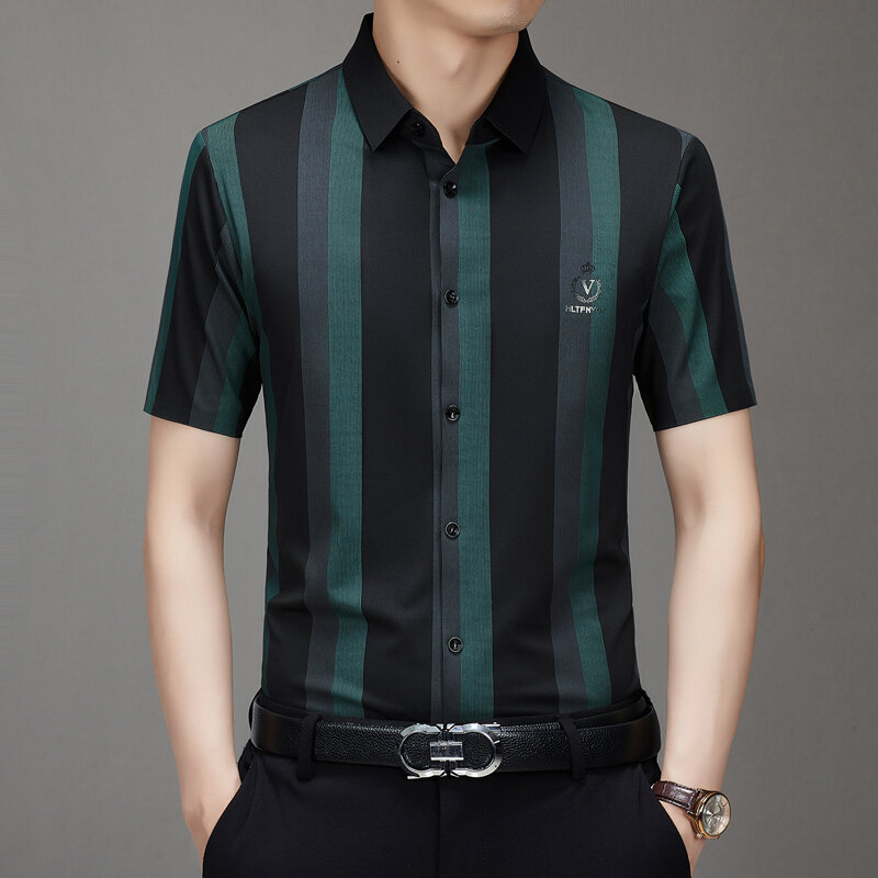 Новинка 2024, Мужская Роскошная брендовая Летняя Повседневная рубашка в полоску с вышивкой, модная удобная мужская одежда