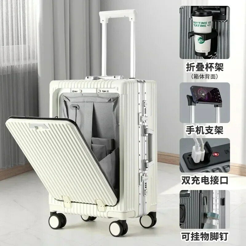 28 Inches Suitcase Front Opening Aluminum Frame Rolling Luggage Spinner USB Cup Holder Phone Stand Cabin Carrier Draw Bar Box