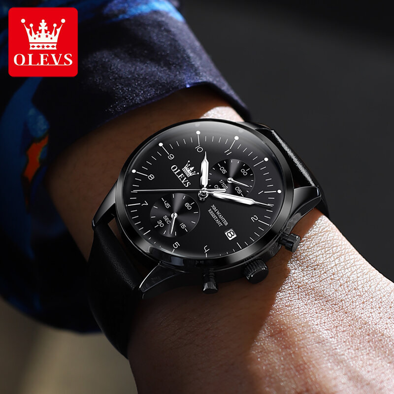 OLEVS 남성용 럭셔리 크로노그래프 쿼츠 시계, 방수 가죽, 야광 날짜, 패션 남성 손목시계, 탑 브랜드
