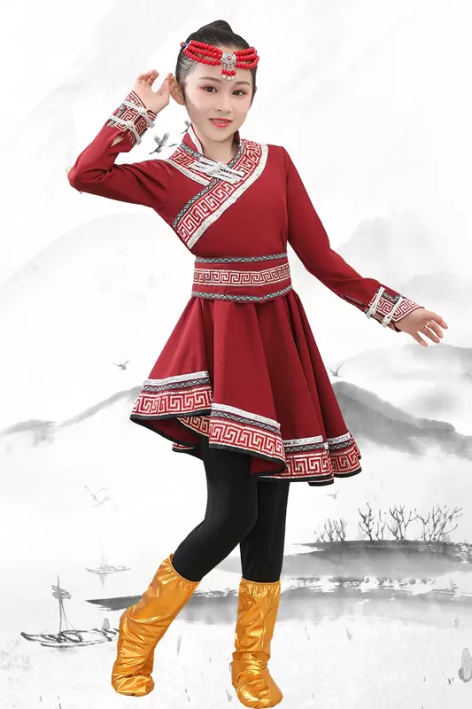 Pakaian dansa Mongolia anak-anak pakaian pertunjukan etnik gadis sumpit ramping bergaya Tiongkok Mongolia