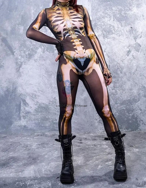Women Horror Skeleton Jumpsuit Darkness Skull Performance Zentai Suit Cosplay Costume Xmas New Year Party Shows Bodysuit 2024