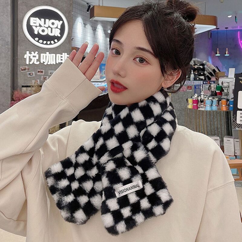 Windproof Checkerboard Pattern Faux Rabbit Fur Female Autumn Winter Scarf Korean Style Scarf Apparel Accessories Women Scarf