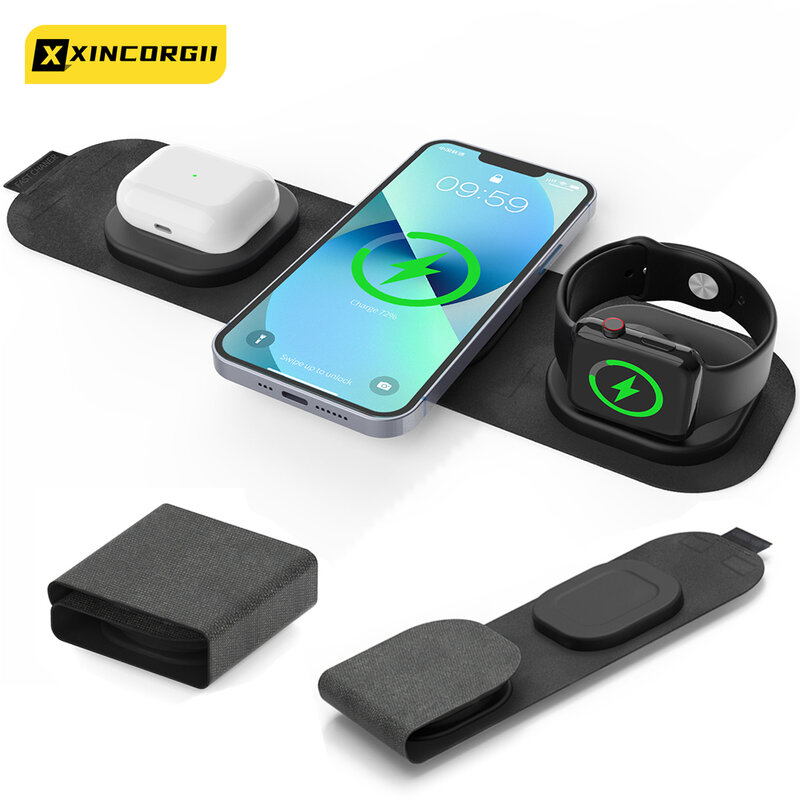 3 in 1 접이식 자기 무선 충전기 For iPhone 13/12 Pro/XS/X/8 Plus QI 30W 무선 충전 패드 (Airpods Pro/iWatch 용)