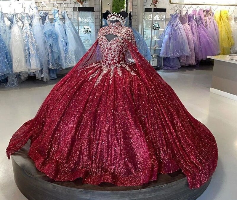 Lorencia бордовое блестящее платье Quinceanera 2023 с накидкой бальное платье кружевные аппликации мексиканские милые платья 16 лет YQD381