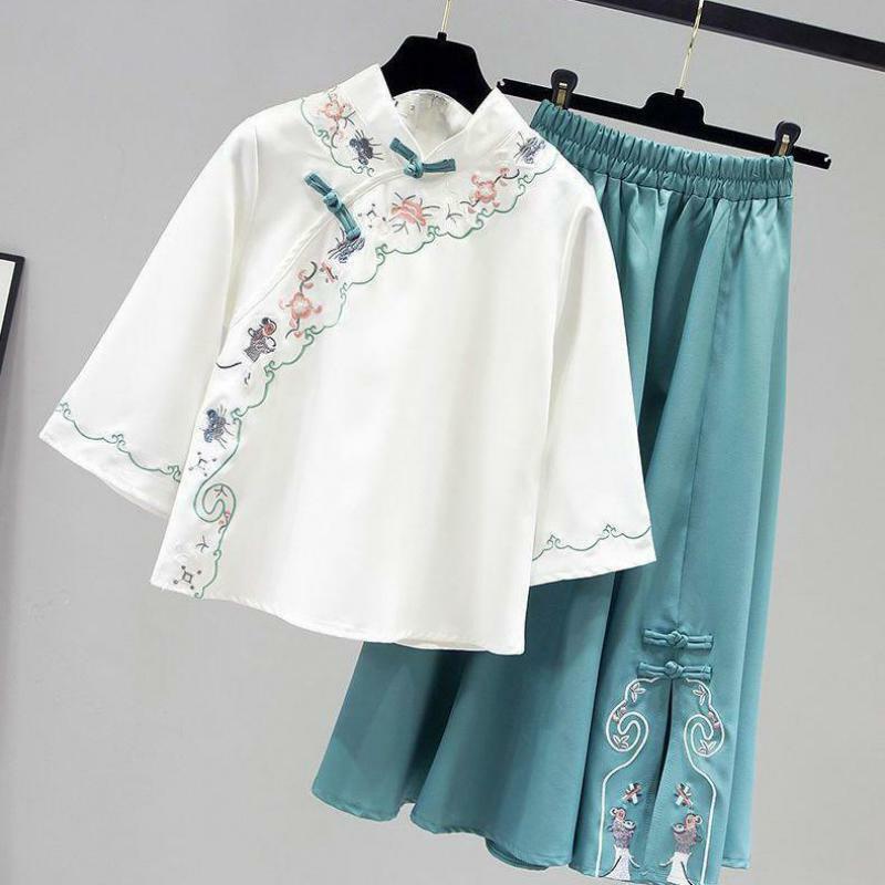 Elegant Hanfu Women's Summer New Butterfly Sweet Chinese Suit Embroidered Top Suit Hanfu Blouse Skirt Two-piece Set Large Size
