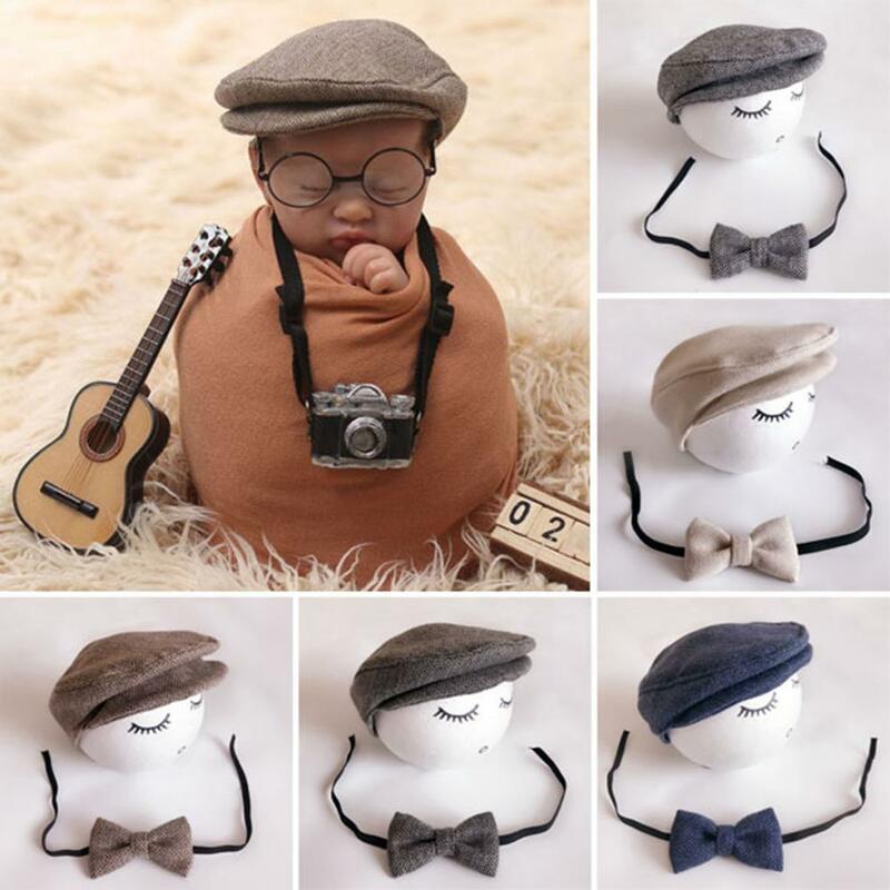 Conjunto de sombrero y lazo para recién nacido, gorra con visera de espiga, conjunto de pajarita para fotografía de bebé, atuendo ajustable, ligero y transpirable