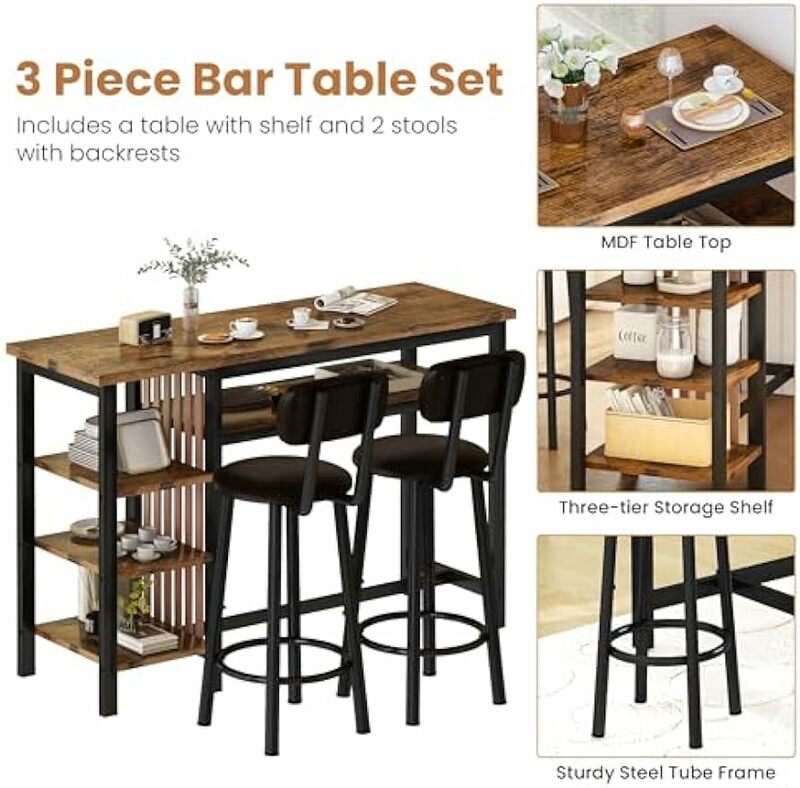 Set tavolo da Bar per 2, Set tavolo e sedie da Bar bistrot con contenitore, tavolo da pranzo altezza bancone con sgabelli, cucina