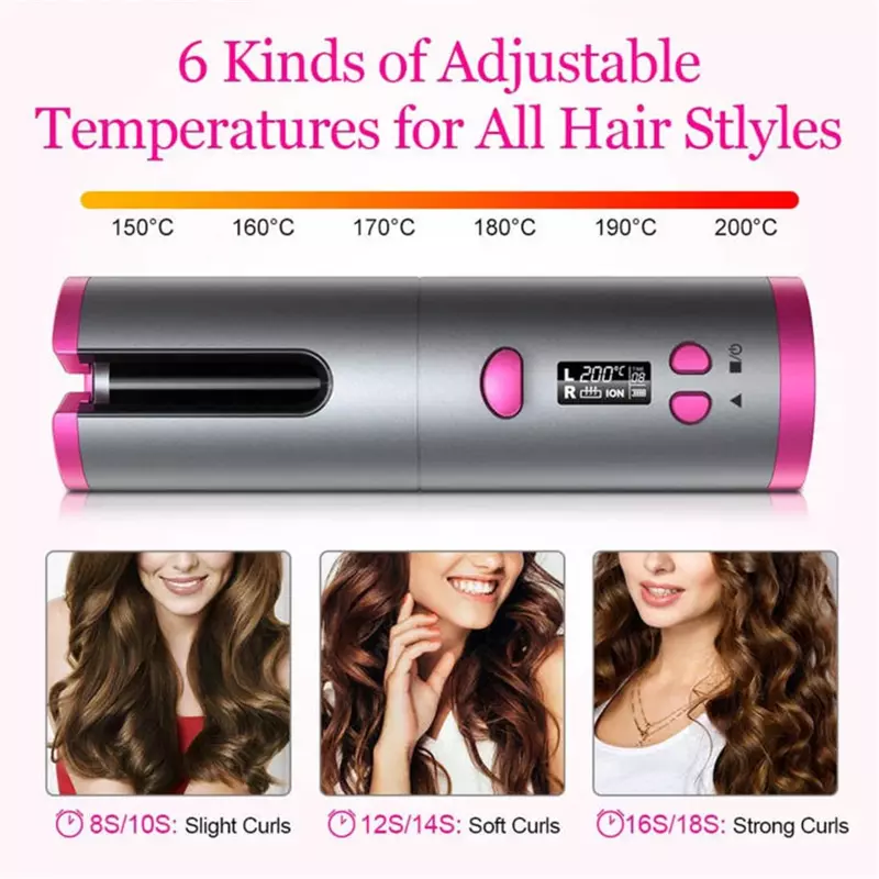 Sem fio automática Hair Curler Set, girando o cabelo Curling Iron, Display LED, temperatura ajustável, Styling Tools, Wave Styler
