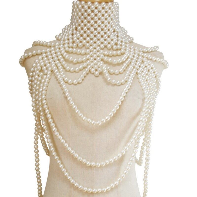 Vrouwen Imitatie Parel Kralen Body Chain Shawl Handgemaakte Sieraden Ketting Nep Kraag Vintage Luxe Gelaagde Decor Vest Kostuum