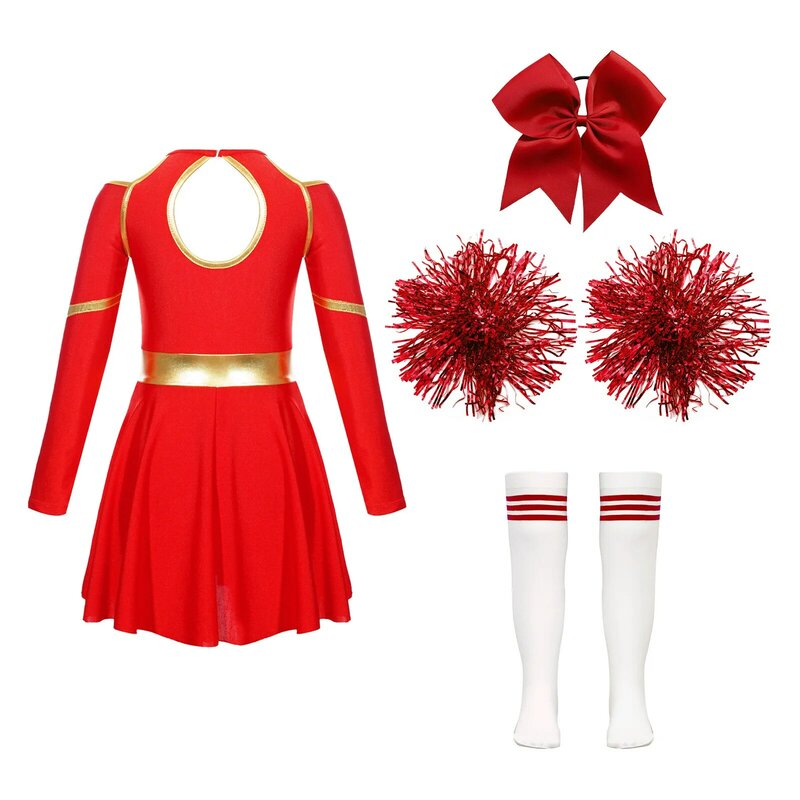 Anak-anak perempuan cheerleader pakaian menari huruf cetak Leotard gaun dengan 1Pc Bowknot Headwear 2Pcs tangan bunga kaus kaki bergaris
