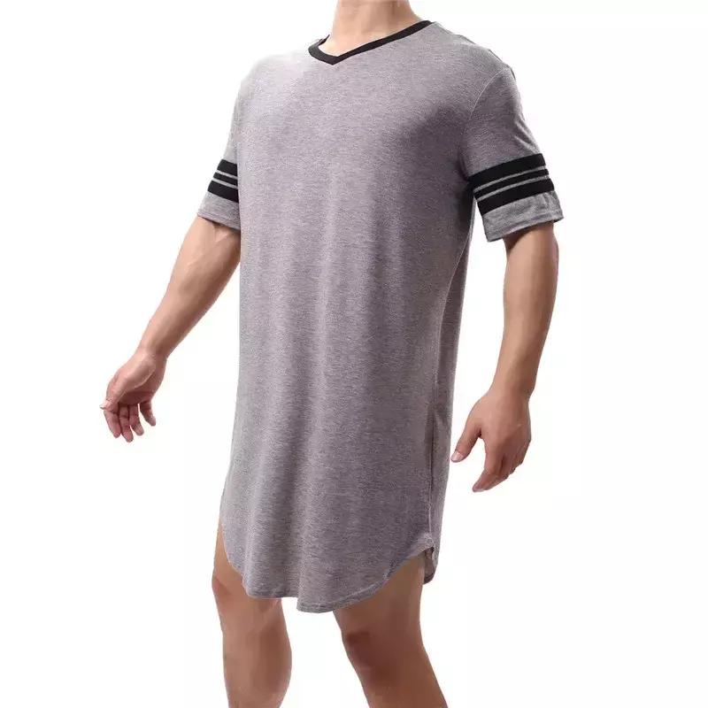 Homens manga curta V-Neck Homewear roupão, masculino patchwork pijamas, roupão confortável solto, camisola na altura do joelho, verão Homewear