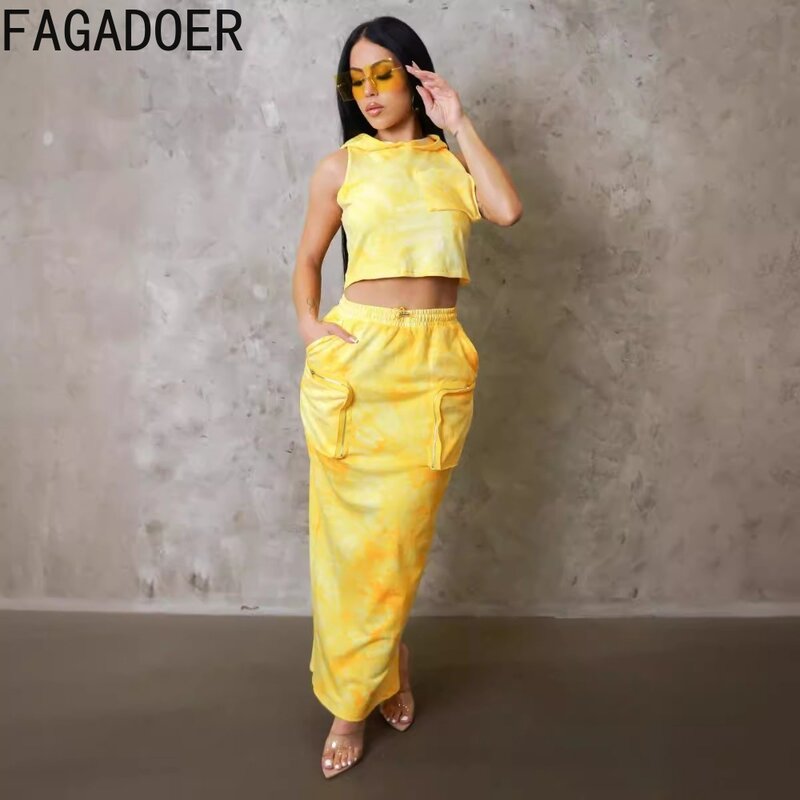 Fagadoer Fashion Tie Dye Print Carrokken Tweedelige Sets Dames Capuchon Mouwloze Crop Top En Skinny Rokken Streetwear