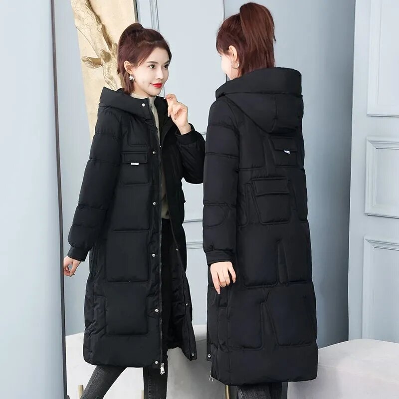 Женская зимняя стеганая куртка, толстое пальто, парка, пуховое хлопковое пальто, новинка 2023, одежда для хлеба, Корейская свободная длинная верхняя одежда