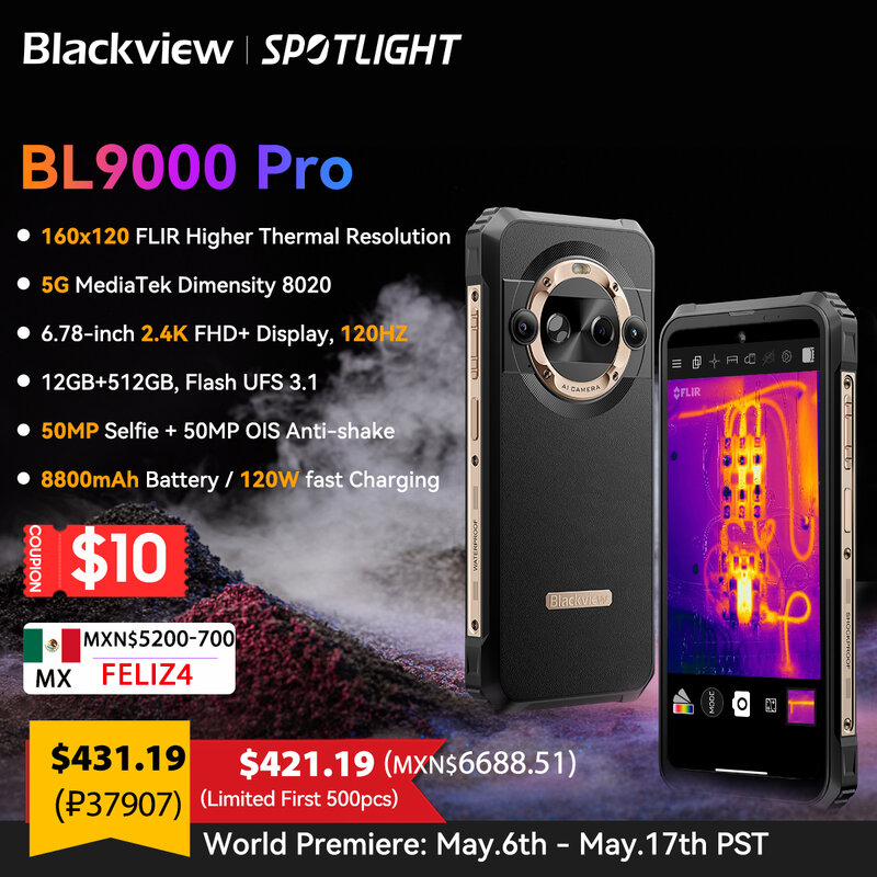 Blackview-teléfono inteligente BL9000 PRO 5G, 6,78 ", FHD, 12GB, 512GB, cámara de imagen térmica FLIR, estreno mundial®8800mAh, Android 14