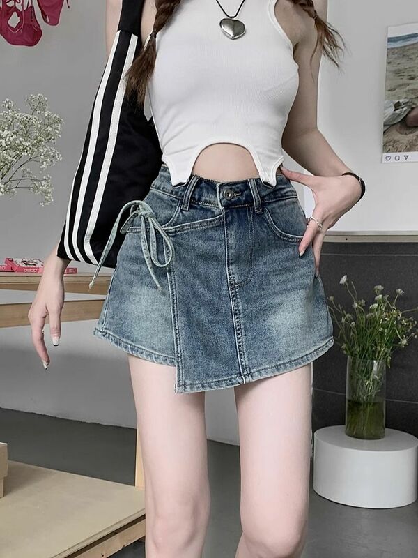 Celana pendek kulot dekorasi pita rok Denim Retro wanita rok musim panas rok bungkus pinggul elastis dicuci gaya baru mode