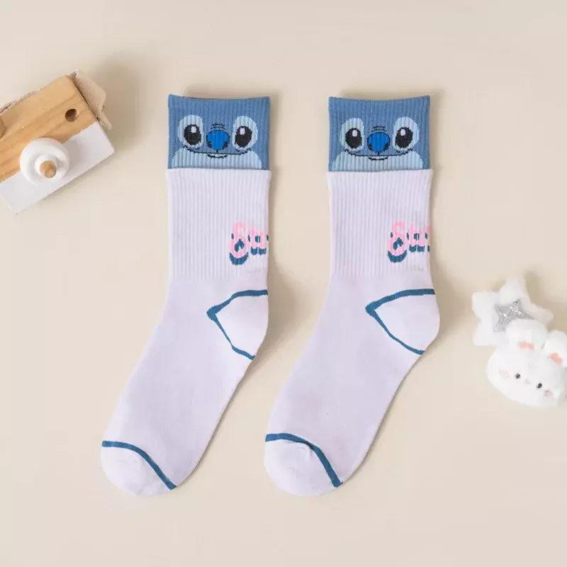 Cartoon Stitch Strawberry Bear Printed Mid Cap Women's Socks Cute Printed Letter Sports Sock Girl Candy Color Casual Socks