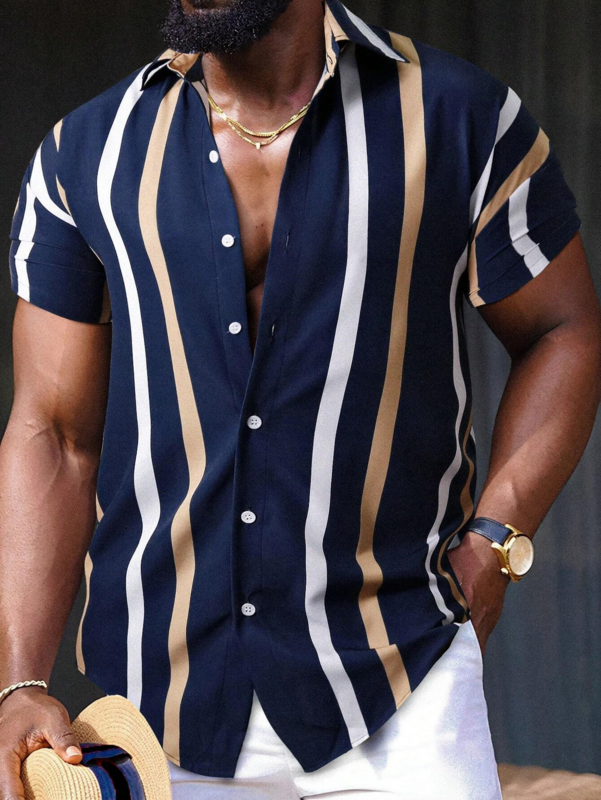 Camisa com estampa 3D listra masculina, tops de manga curta, camisas havaianas casuais soltas, roupas de verão, streetwear, 2024