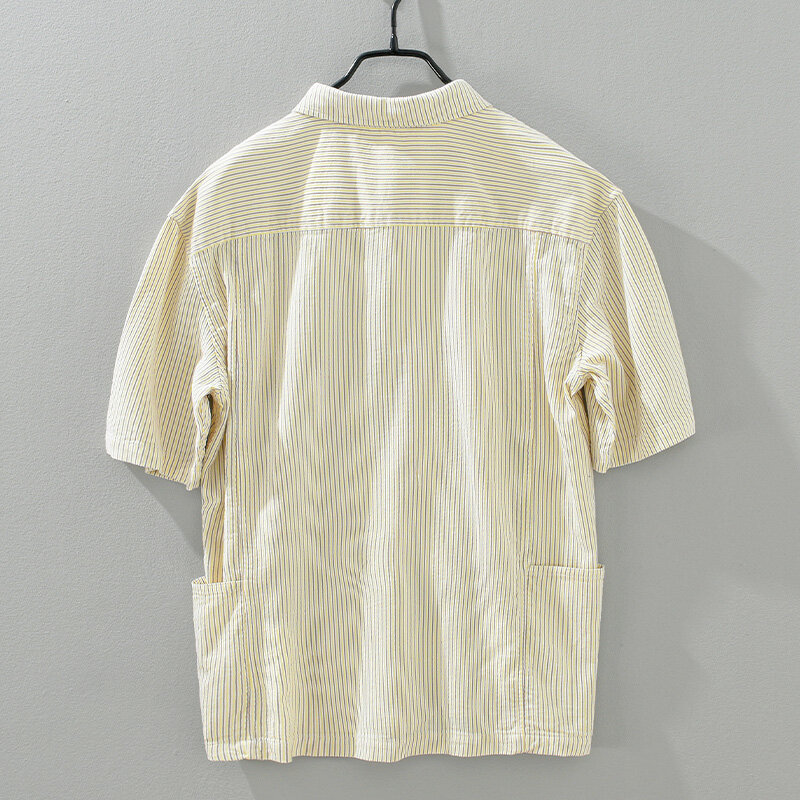 Camisas masculinas de algodão de manga curta, camisa casual, listrada, com botões, solta, tamanho grande