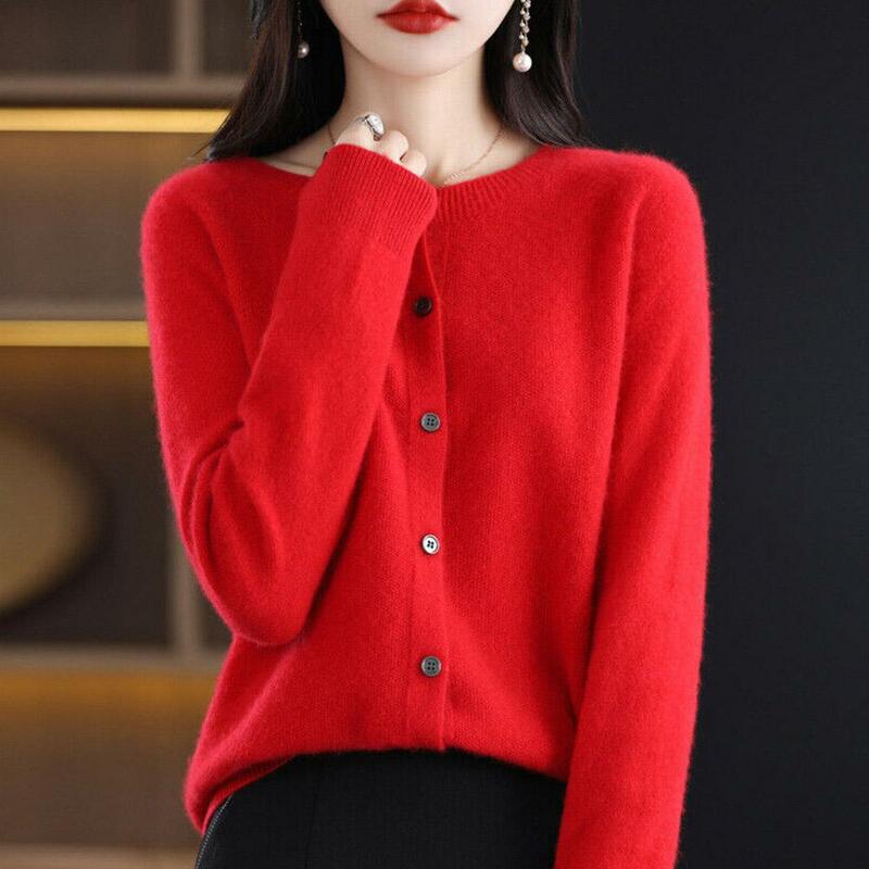 New Fashion Autumn Winter Lapel Pure Wool Cardigan O-neck Cardigan Cashmere Sweater Grace Knitwear Korean Tops
