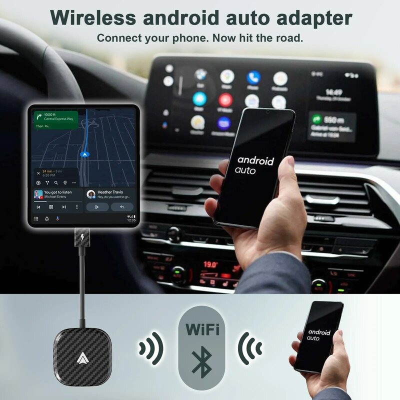 Adaptador Auto Android sem fio, Atualização 5Ghz WiFi, Dongle para Android Auto Car e telefones Android com Android12, 2024