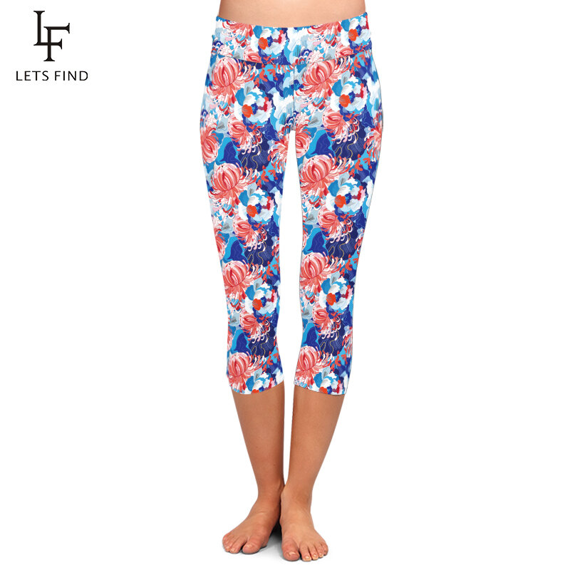 Nova cintura alta mulheres capri leggings 3d flores impressão digital calças elásticas meados de bezerro 3/4 fitness legging para o verão