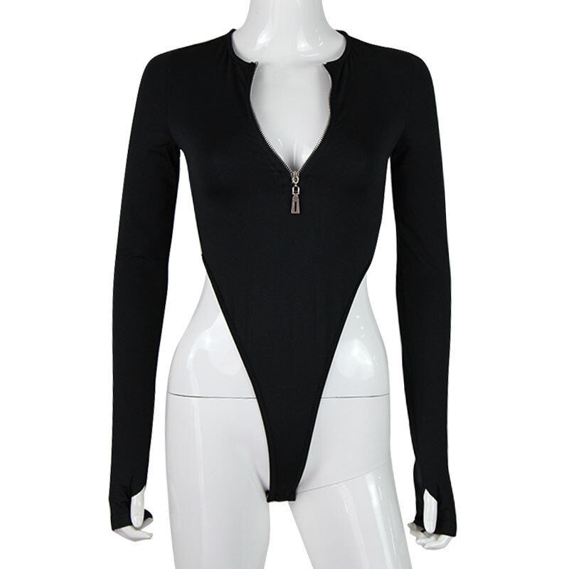 Black Spicy Girl Fashion Jumpsuit With Zippered Chest Long Sleeved Top Sexy Slim Fit Open Waist Versatile Base T-shir