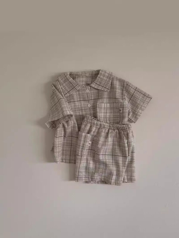 2024 letni nowy dziecięcy zestaw w kratę z krótkim rękawem niemowlę chłopiec dziewczynka rozpinany sweter szorty 2 sztuki bawełniane oddychające stroje dla malucha