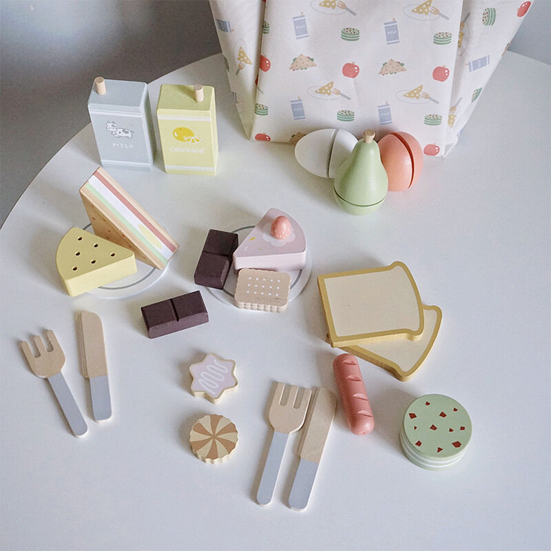 กระเป๋าปิคนิคขนมเค้ก Miniatures อาหารจำลองไม้ Toy เด็กอาหารการเรียนรู้บทบาทเล่นเกมเด็กของขวัญ