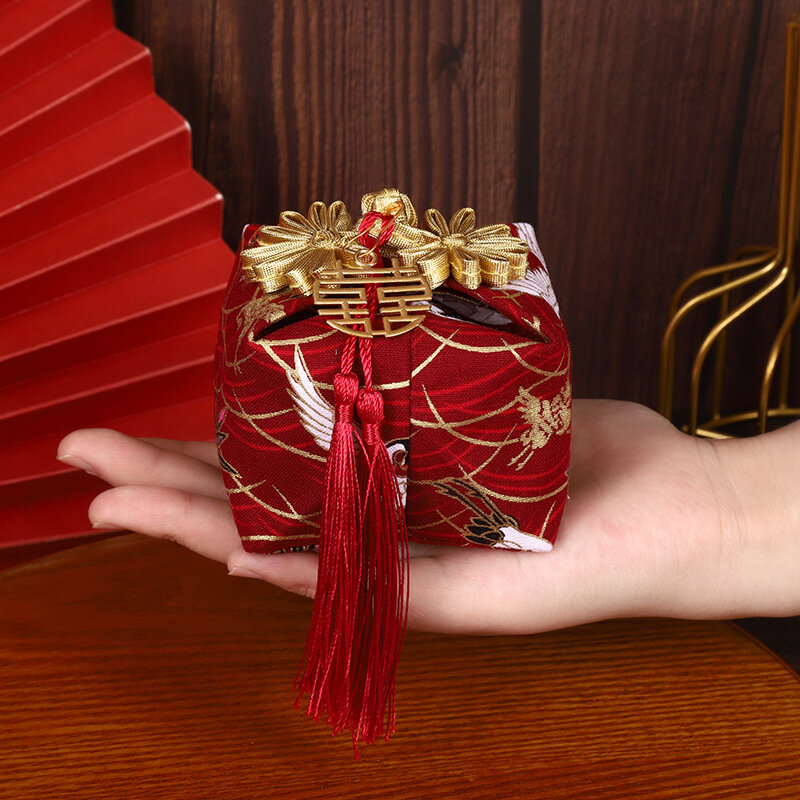 Красный жаккардовый мешок на шнурке в китайском стиле, 5 шт.