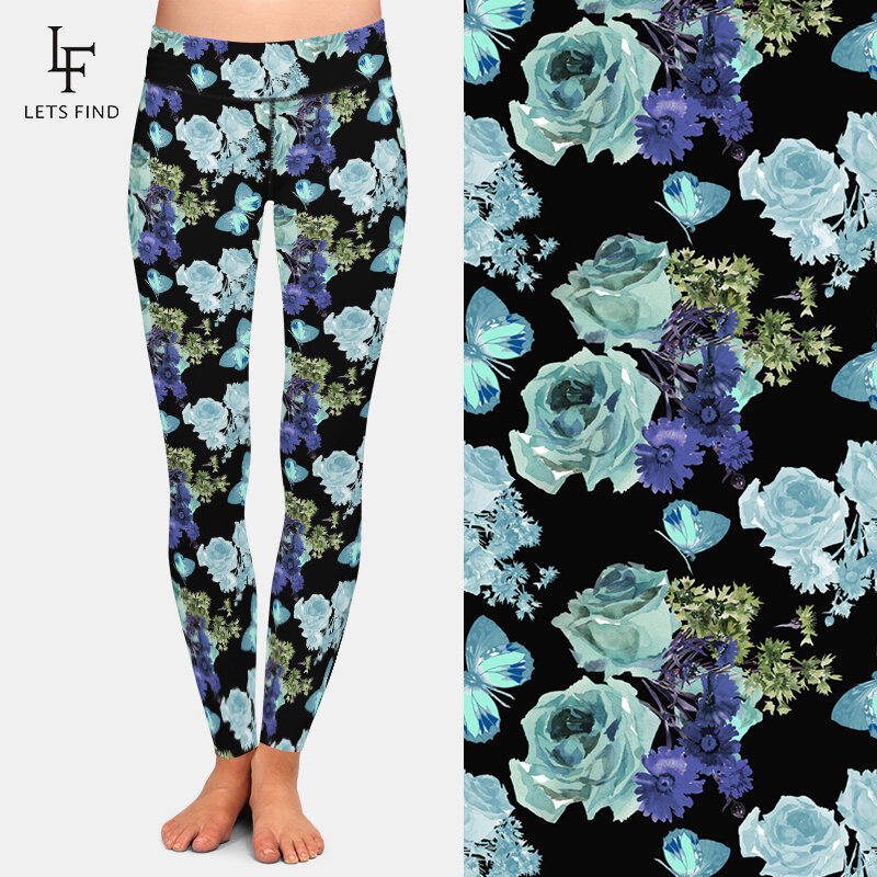 LETSFIND-Leggings de cintura alta para mujer, pantalones con estampado de flores y mariposas, ajustados, color negro
