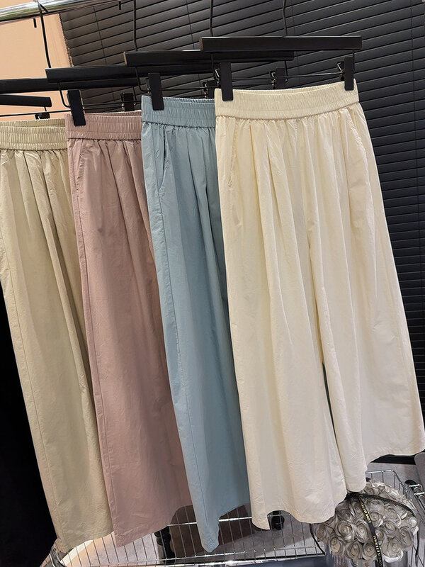 Pantalones rectos de pierna ancha para mujer, pantalón largo informal, suelto, sólido, cintura elástica, bolsillo, ropa de calle para mujer, XXS/2 XS/4 S/6 M/8 L/10