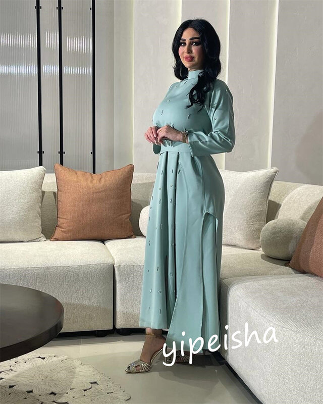    Saudi Arabia Charmeuse Pearl Beach A-line High Collar Bespoke Occasion Gown Midi es  Dresses