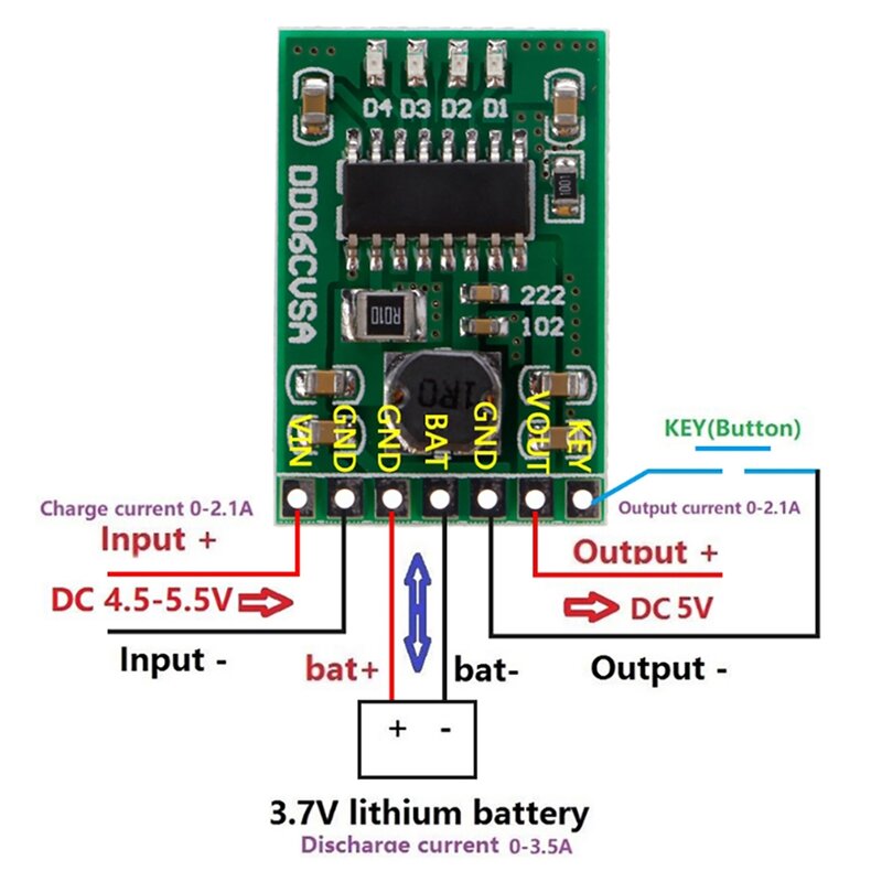 Módulo indicador da proteção da bateria do lítio, carga e descarga (impulso), 3.7V, DD06CVSA, 2.1A, 5V, 3 PCes