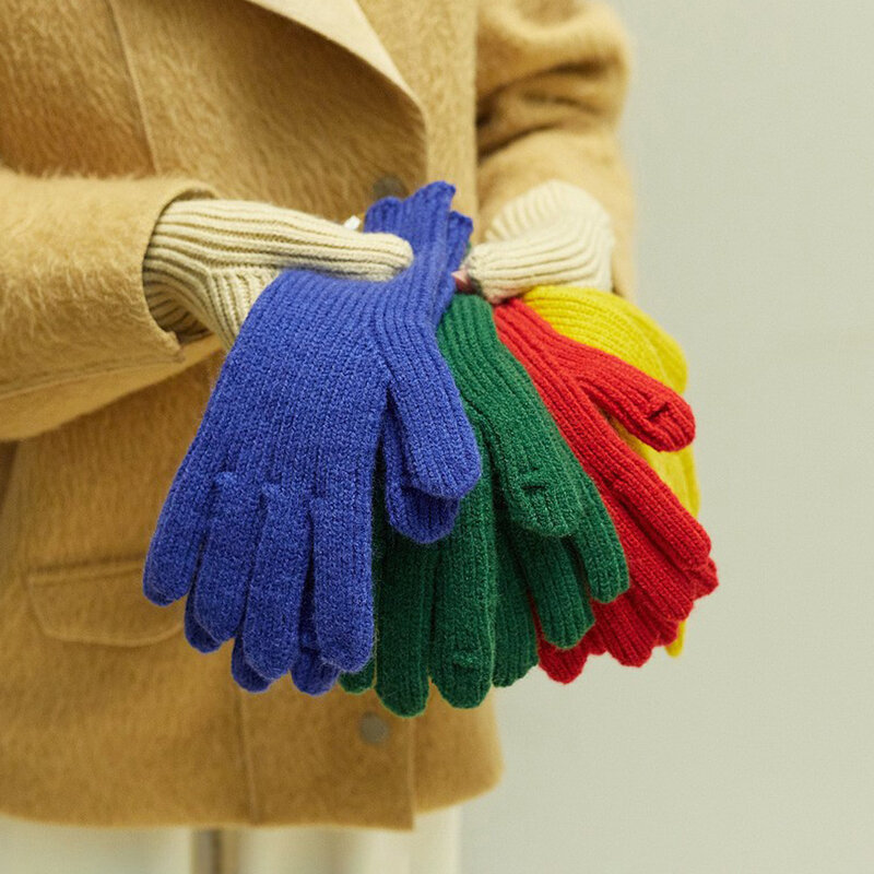 ถุงมือยาวห้านิ้วแบบหนายืดหยุ่นสำหรับฤดูหนาวถุงมือถุงมืออุ่นผ้าแจ็คการ์ดสีทึบถุงมือยาว
