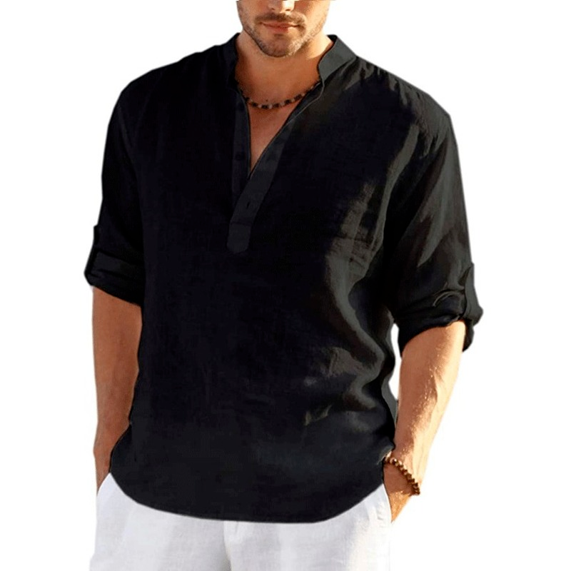 Chemise en lin à manches longues pour hommes, chemise décontractée, coton, monochromatique, document At, nouveau