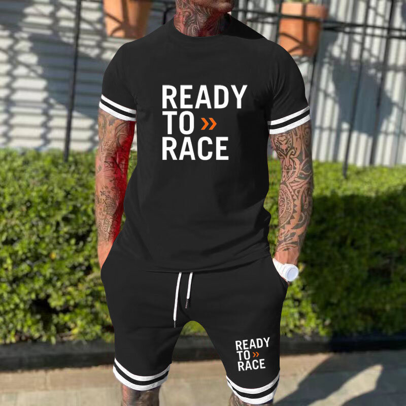 Новый мужской спортивный костюм с принтом Ready To Race, повседневная спортивная одежда, хлопковая поглощающая Пот футболка с коротким рукавом + шорты, комплект из 2 предметов