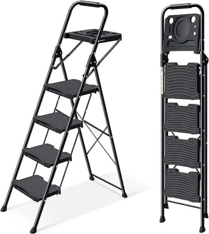 KINGRACK 4 Step Ladder with Tool Platform, Sturdy Step Stool, Anti-Slip Wide Pedals Foldable Step Ladder Pass 900LBS Testing