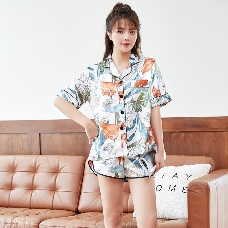 Damen Pyjama Print Muster Nachtwäsche Home Einrichtung dreiteiligen Satz Cardigan Top und Hose dünne Imitation Seide Home Anzug