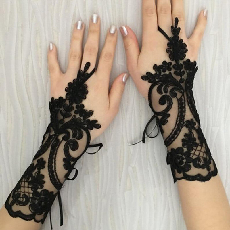 Перчатки женские кружевные без пальцев, винтажные варежки цвета слоновой кости, белого цветка, черные прозрачные, свадебные аксессуары
