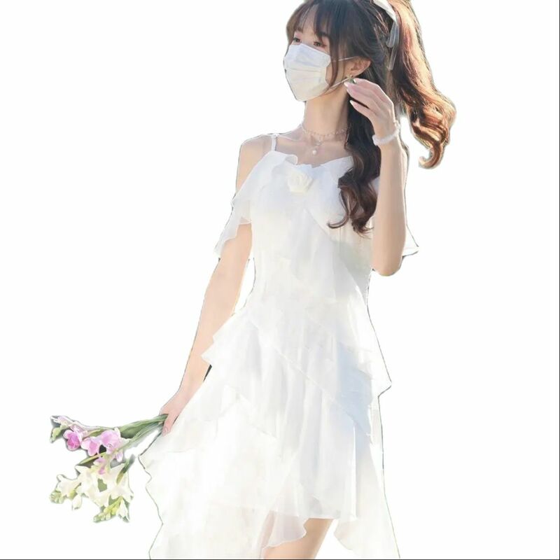Корейское летнее шифоновое сказочное платье, женское однотонное элегантное платье средней длины, женское повседневное милое корейское модное розовое платье, одежда