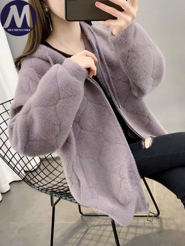 Mantel bertudung bulu palsu elegan untuk wanita, mantel kasual gaya Korea, longgar, hangat, musim gugur, musim dingin, baru, 2023