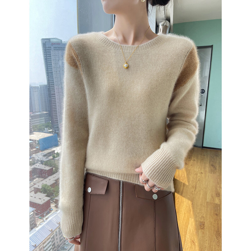 Camisola de lã merino com gola redonda feminina, malha de caxemira solta, contraste de cor, grossa e quente, alta qualidade, outono, inverno, 100%