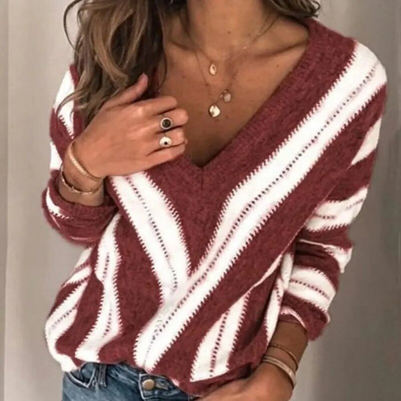 New Fashion Casual V Neck Striped Knitted Sweater Oversized Vintage Pullover Female Knitwear Tops Autumn Winter Lady Jumpers
